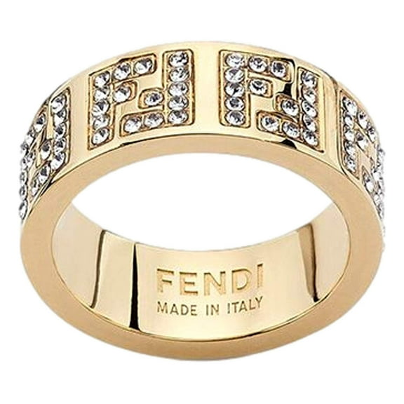 Fendi FF Crystal Embellished Wide Band Gold Ring Small