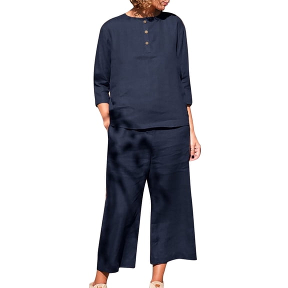 Fheaev 2 Piece Outfits For Women Cotton Linen Outfits 2024 Casual Plus Size Crew Neck Long Sleeve Shirt Pocket Wide Leg Long Pants Sets Tracksuit Jumpsuit 2 Piece Set