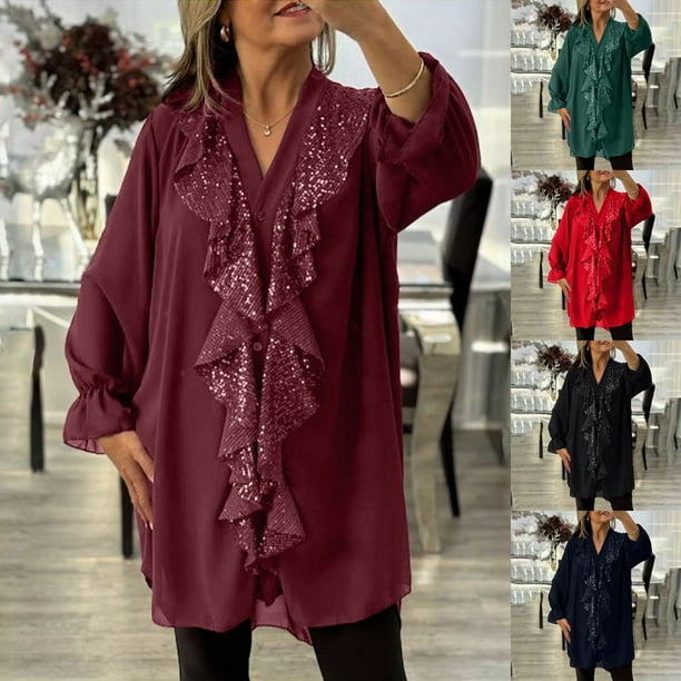 Conjuntos de otoño para mujer,Blusa informal de manga larga con cuello en V y botones para mujer, tejido suave y cómodo, ideal para uso diario en primavera y verano, sopatenor