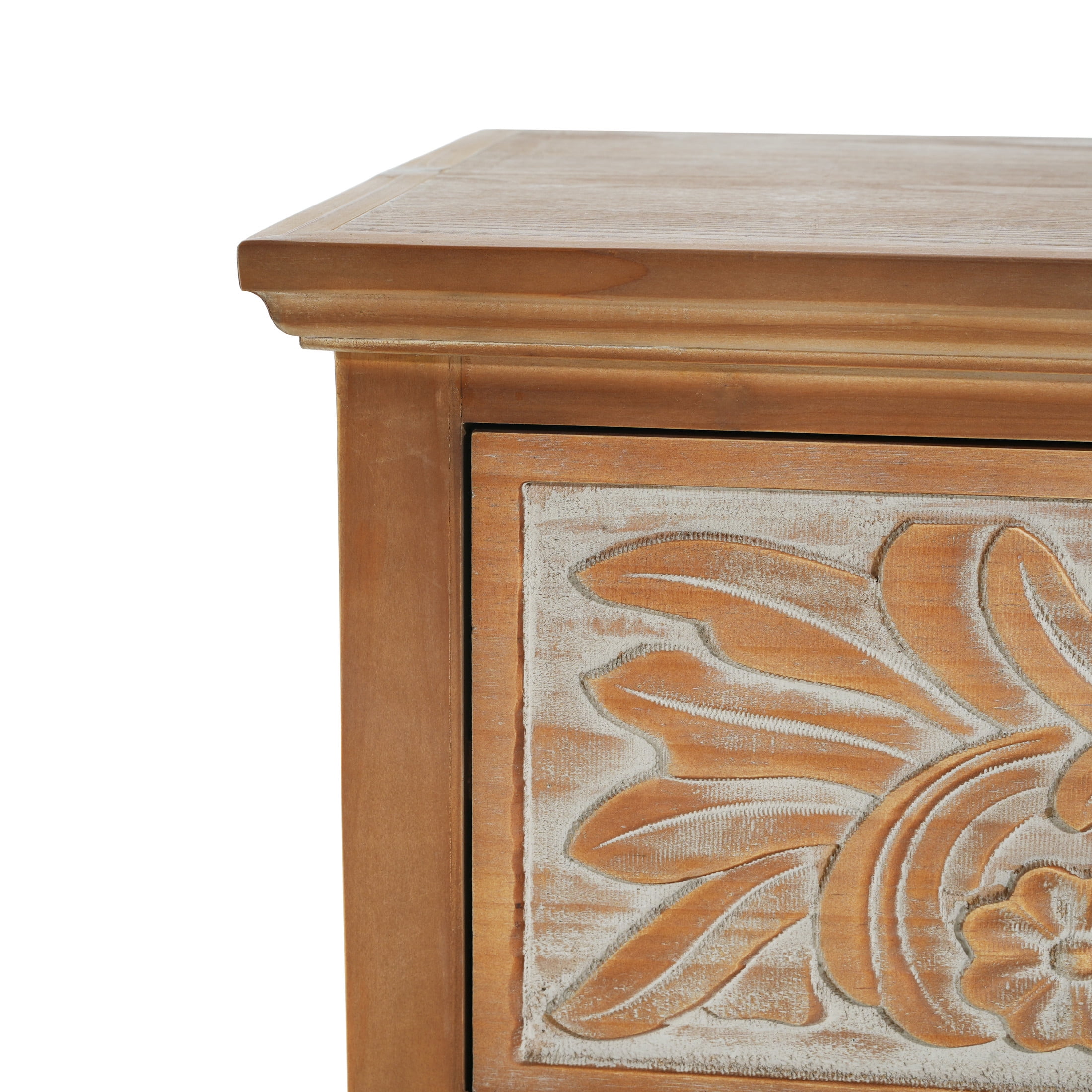 Christopher Knight Home Boho 3-Drawer Dresser with Carved Floral Front, Vintage Style, Natural & White