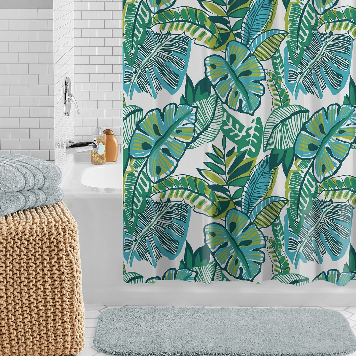 Mainstays Waterproof 30% Recycled PEVA Tropical Palms Shower Curtain Set & Hooks, 13-Piece Green