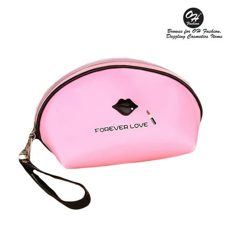 OH Fashion Cosmetic Bag Lipstick Love Cutie in Pink Women Travel Bag Makeup Bag Clutch Bag Vanity Case Toiletry Bag Lips Design Size (Best Travel Size Makeup)