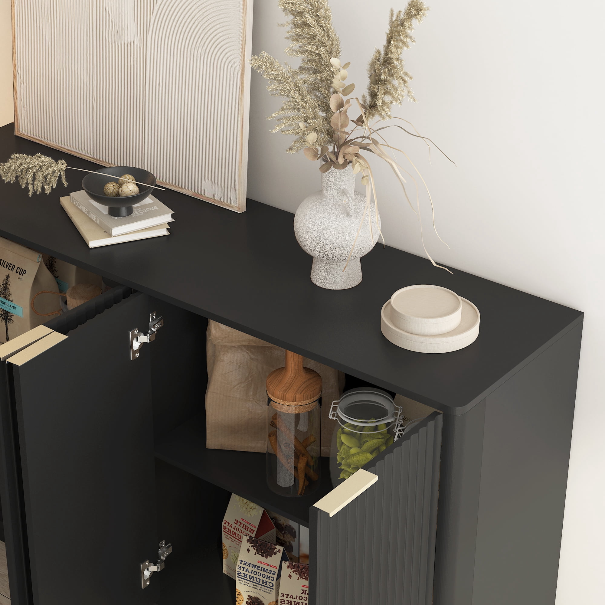 Aukfa Fluted Wood Buffet Sideboard Storage Cabinet with Adjustable Shelves, Accent Cabinet,Black
