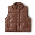 thumbnail image 2 of Women Faux Leather Puffer Vest Stand Collar Sleeveless Padded Waistcoat Zip-Up Button Quilted Jacket Warm Outerwear, 2 of 7