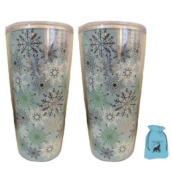 (2) Snowflakes Decorative Christmas Printed Tumblers Reusable Plastic Holiday Drinkware Set for Home Kitchen Office Travel Cups Party Favor Xmas Thanksgiving Gift Supplies Stocking Stuffer