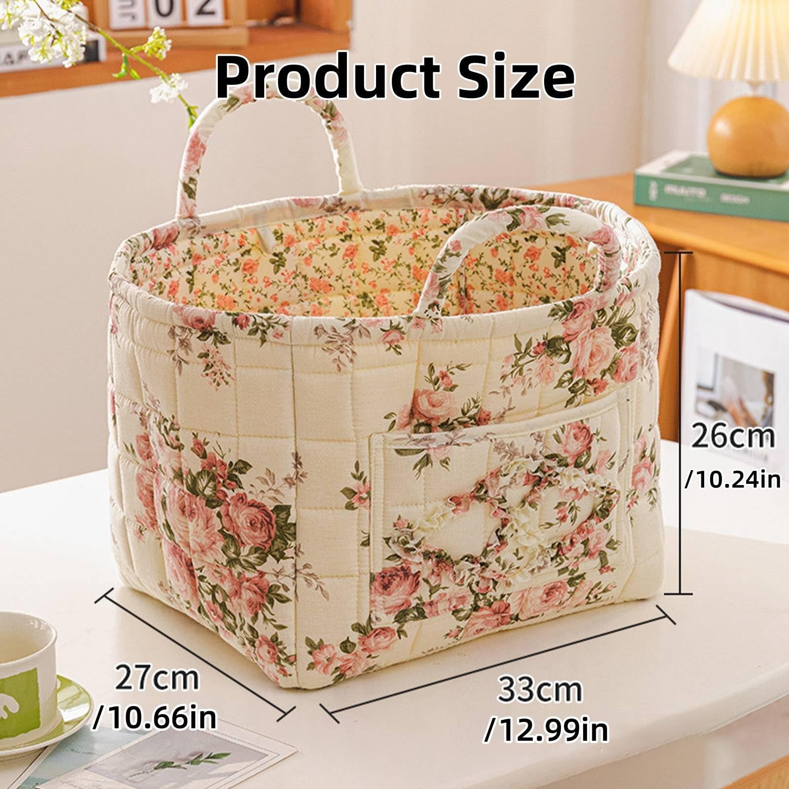 Guilted Basket - Quilted Storage Basket, Floral Foldable Storage Basket Car, Quilted Easter Basket with Easy-Carry Handles Large