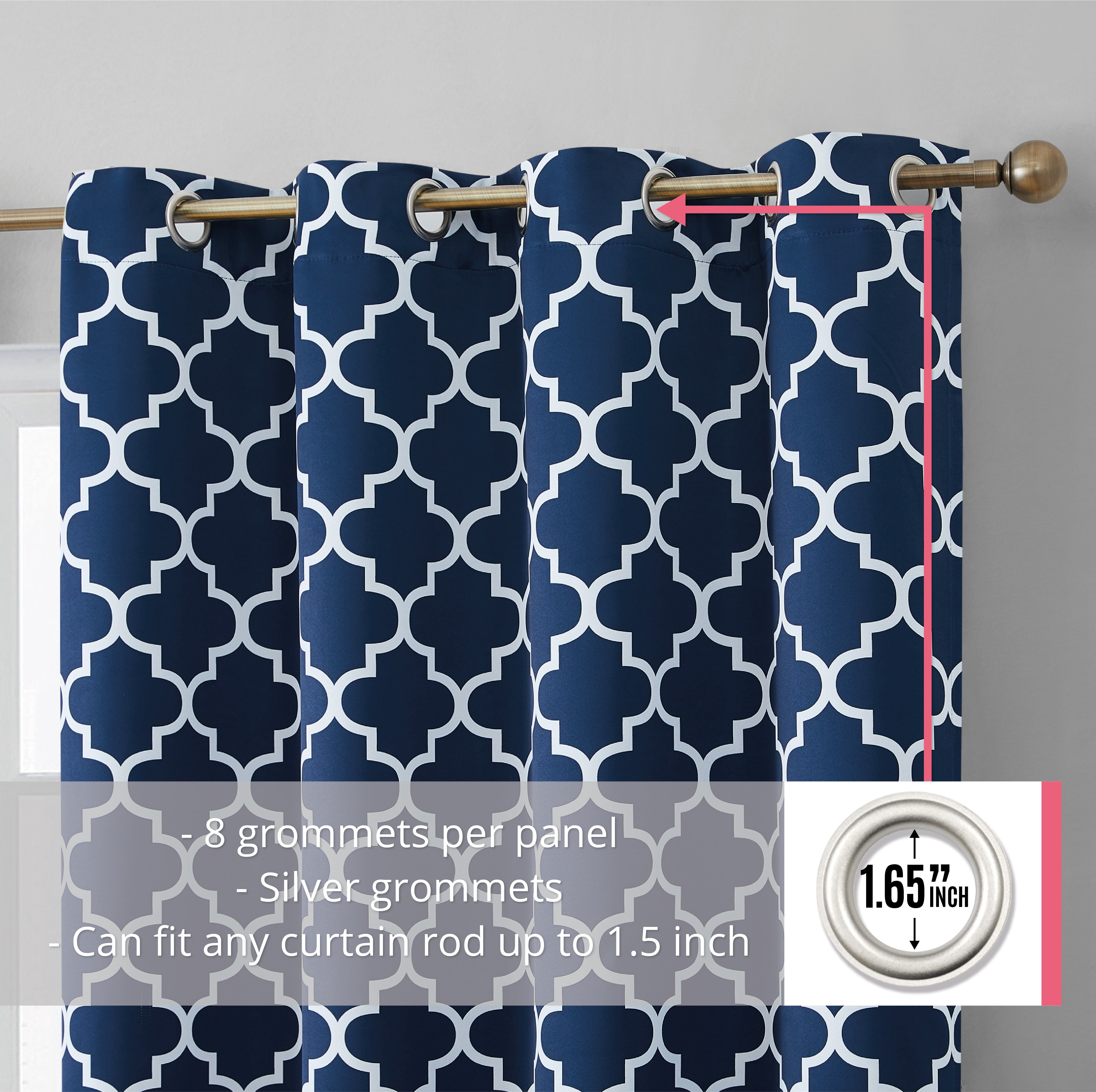 THD Moroccan Trellis Lattice Decorative Blackout Thermal Privacy Room Darkening Grommet Window Drapes Curtain Panels for Bedroom - Set of 2 (Navy Blue, 52 W x 54 L)