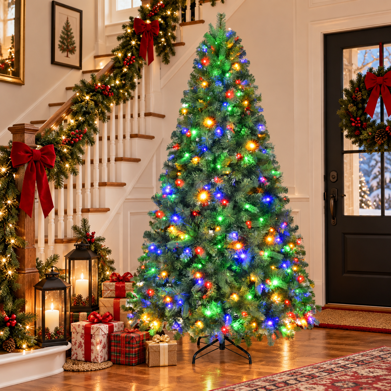 Fenbeli 6ft Pre-Lit Artificial Christmas Tree with 250 Multicolor LED Lights, 8 Lighting Modes, 1000 PVC Branch Tips and Metal Stand, Green