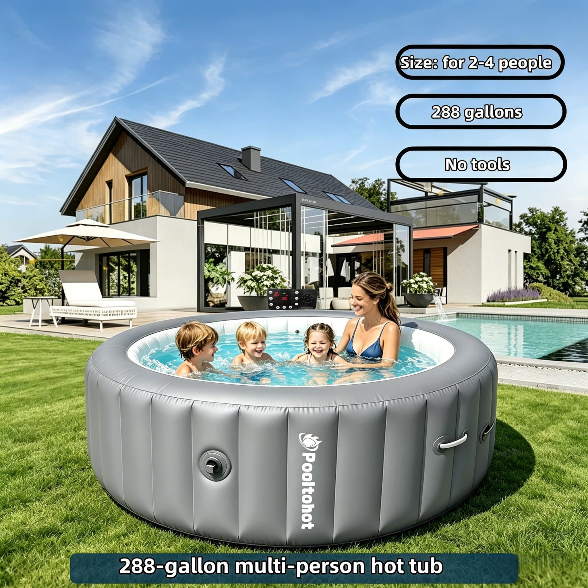 POOLTOHOT Inflatable Hot Tub 71" x 28", Portable Hot Tubs Built-in Heat Pump and 6-Color Lights for 2-4 Person, Blow Up Outdoor Hot Tubs with 143 Soothing Air Jets and Filter System for SPA
