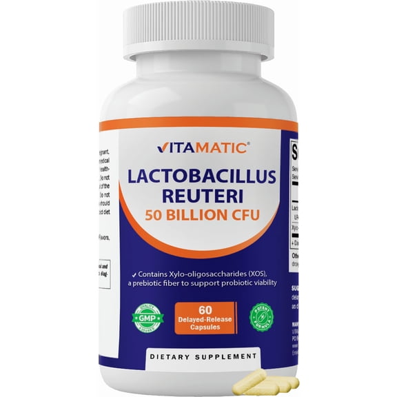 Vitamatic Lactobacillus Reuteri 50 Billion CFU with XOS Prebiotic, Delayed-Release Probiotic Capsules, Non-GMO, Gluten Free, 60 Capsules