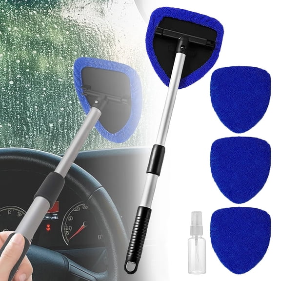 Extendable Windshield Cleaning Brush with 4 Microfiber Cloths, Telescopic Car Window Scraper & Defogging Tool, 180 Rotatable Head for Auto and Household Glass Cleaning Blue