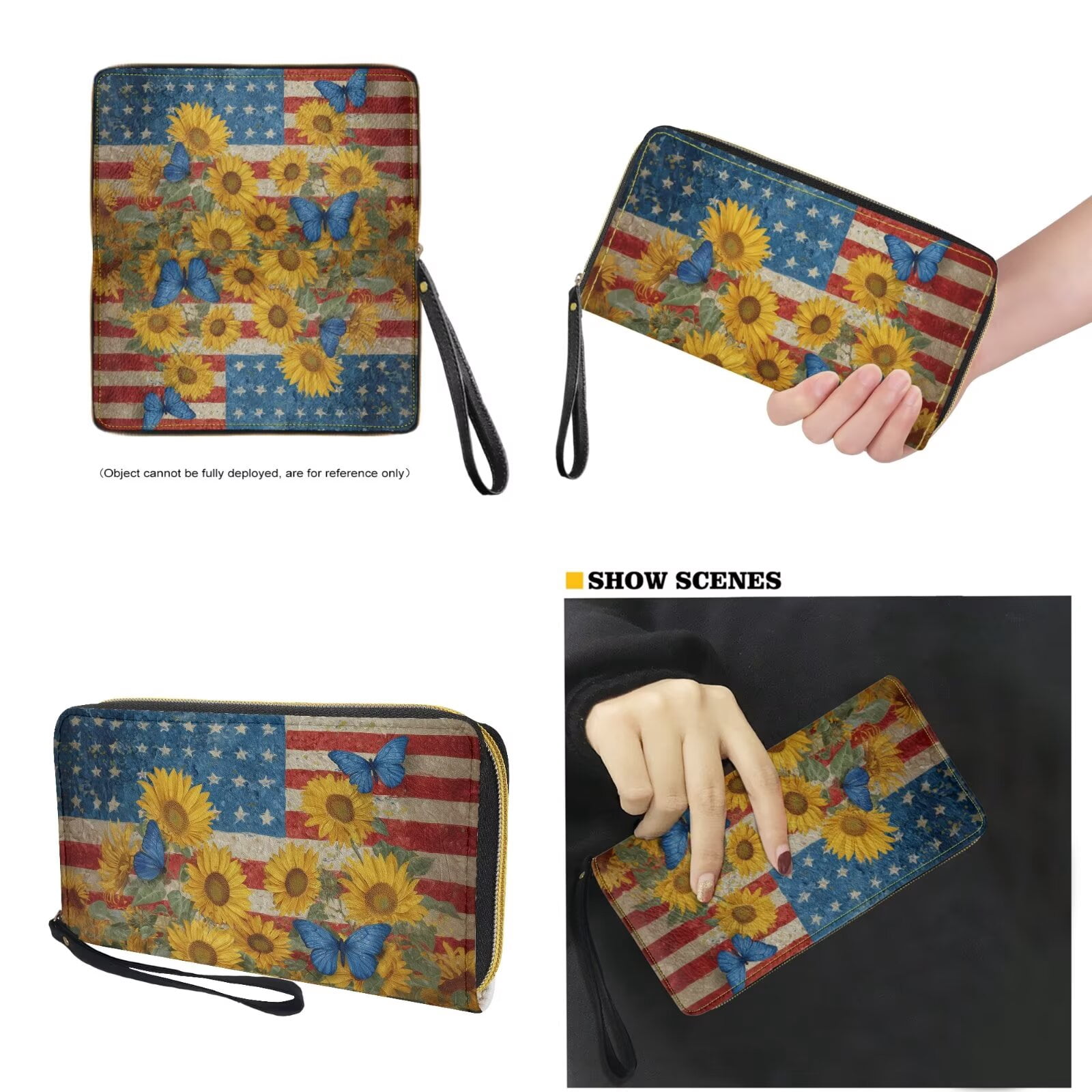 TSOVTHRID Handbag and Wallet Set for Womens Tote Bag with Matching Wristlet Wallet Pu Leather Top Handle Handbag Satchel Purse for Shopping Walking, American Flag Sunflower Butterfly Print