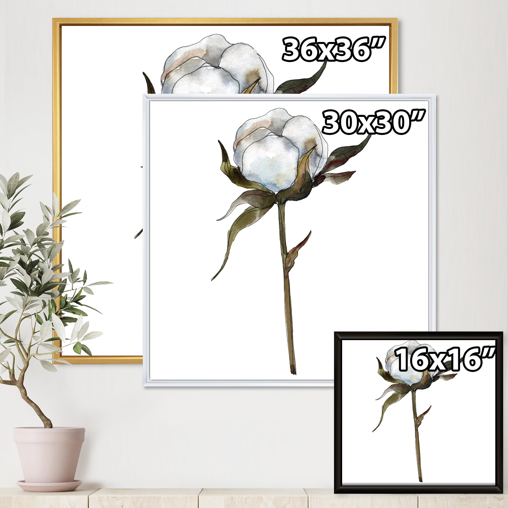 Designart 'Cotton Flower Retro Style' Traditional Framed Canvas Wall Art Print