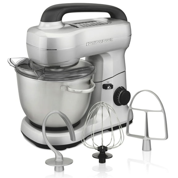 Hamilton Beach 4 Quart Stand Mixer for Kitchen, 7 Speeds, Tilt-Head, Dough Hook, Whisk & Flat Beater, Silver