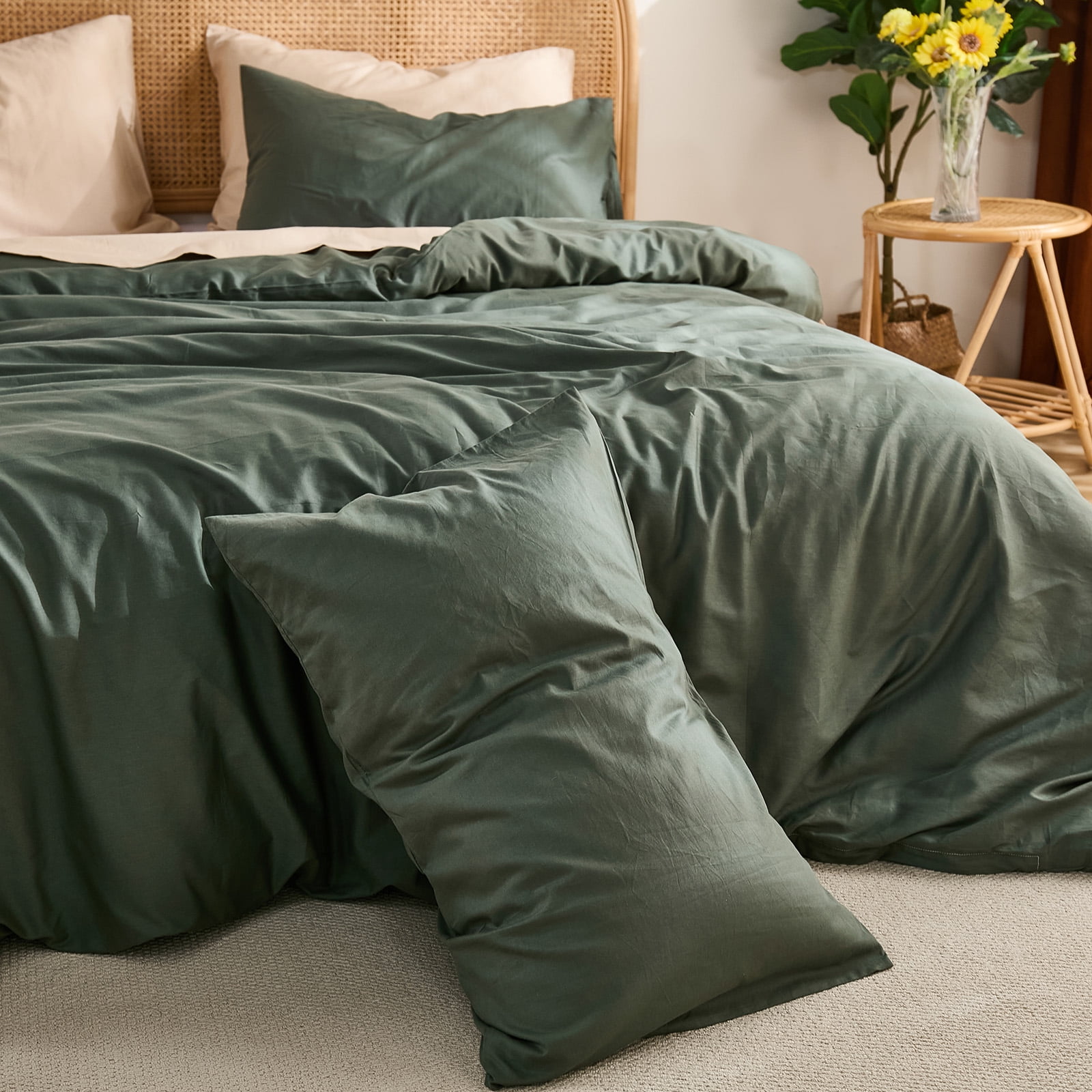 100% Washed Cotton Duvet Cover –Olive Green, Linen-Like Texture, Super Soft & Breathable Bedding Set, 3-Piece Durable Percale Comforter Cover