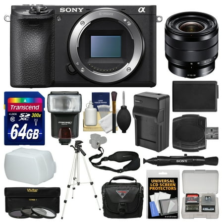 Sony Alpha A6500 4K Wi-Fi Digital Camera Body with 10-18mm f/4.0 Lens + 64GB Card + Case + Flash + Battery & Charger + Tripod + Kit