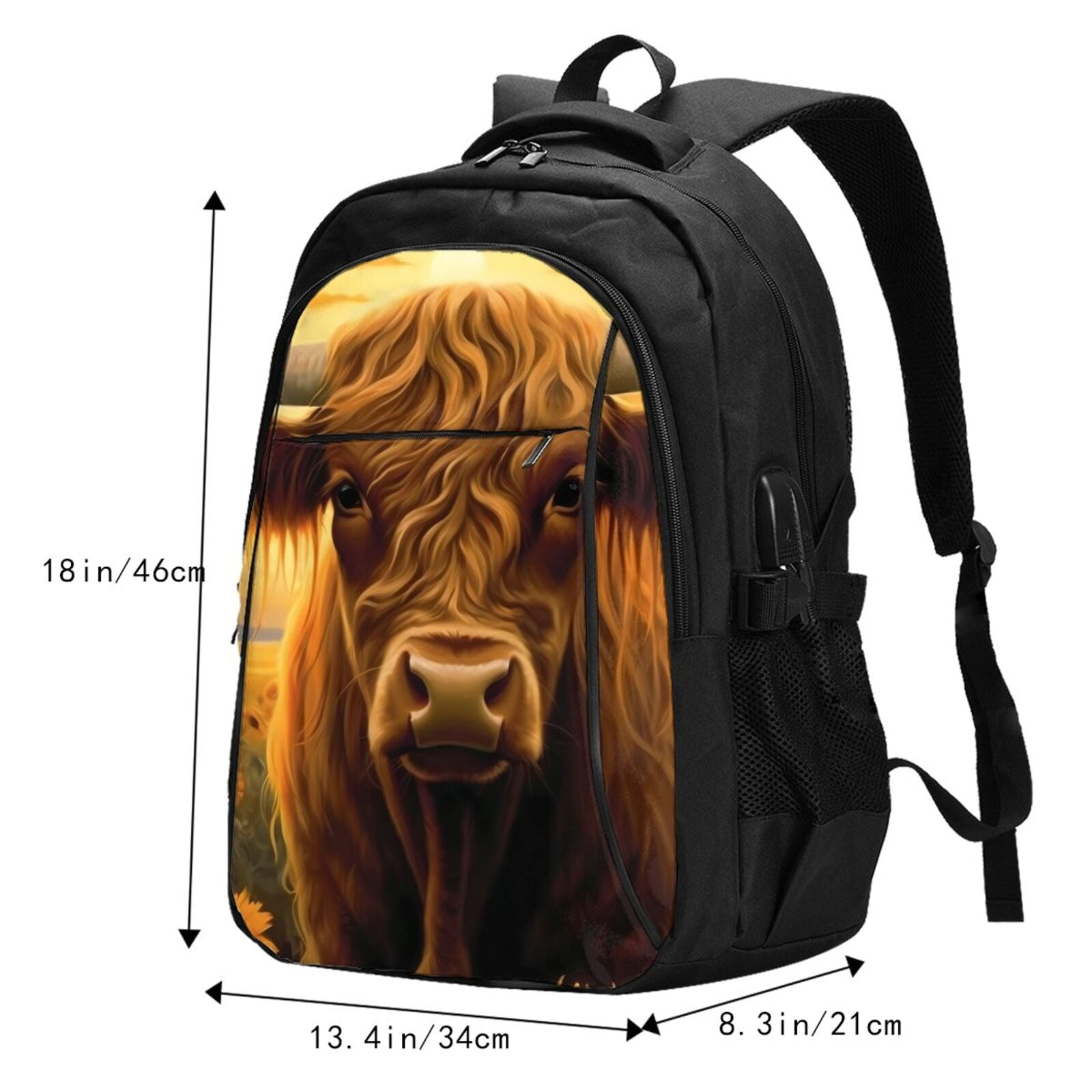 Vsdgher Sunset Sunflower Cow A Print Travel Laptop Backpack, Laptops Backpack with USB Charging Port, Water Resistant Computer Bag Gift for Men & Women