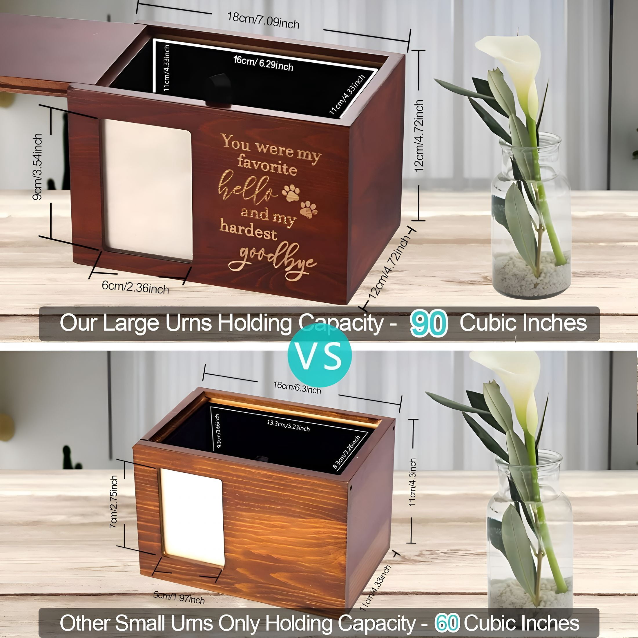 XIBUFE Pet Memorial Urn,Large Wooden Cremation Urn with Photo Frame,Keepsake Memory Box for Dog and Cat Ashes,Black Flannel Lining