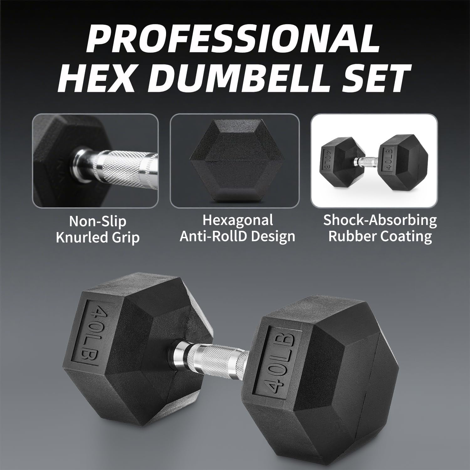 350 LBS Rubber Hex Dumbbell Set with Storage Rack, Anti-Roll Nonslip Free Weight Set for Home Gym Equipment, Strength Training & Fitness Exercise, Durable Dumbbells for Men Women
