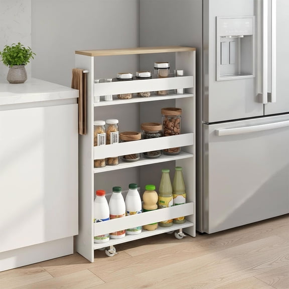 Topcobe Rolling Kitchen Slim Storage Cart Mobile Shelving Organizer with Handle, Portable Kitchen Carts on Wheels with Storage, White