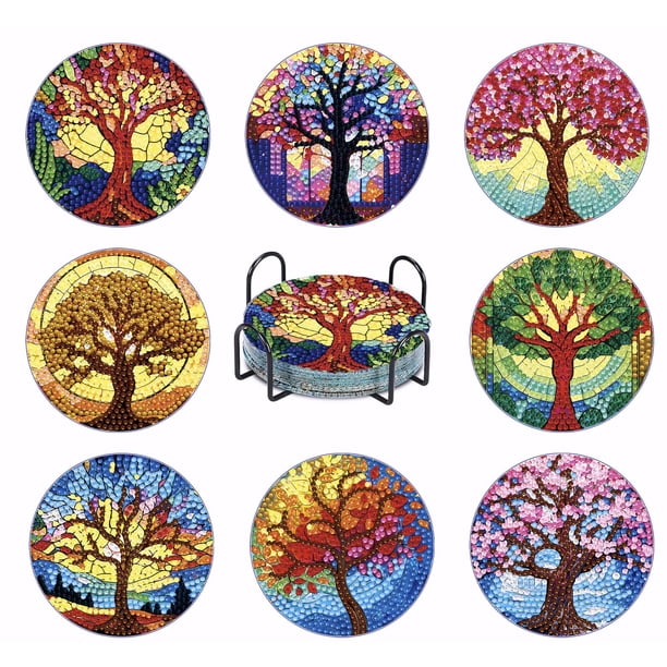 Kit de Posavasos de Arte de Diamante Árbol de la Vida con Soporte 8 piezas