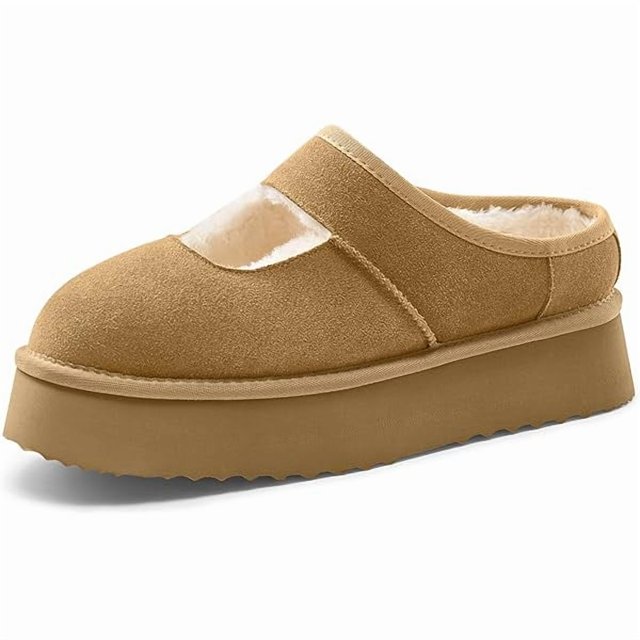 wonima44 Platform Slippers for Women Cozy Fur Lined Slip on Mary Jane Fall Shoes Warm Comfy House Slippers for Indoor Outdoor