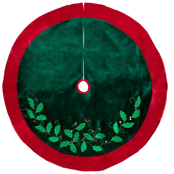 Northlight 48" Dark Green Holly and Berry Velveteen Christmas Tree Skirt