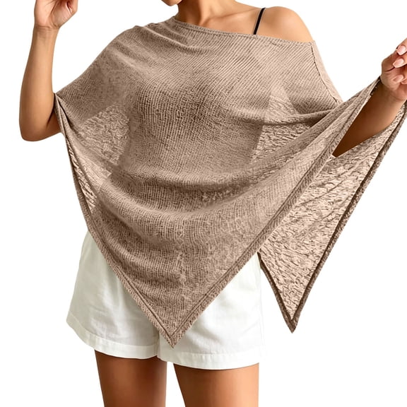 Women's Knit Poncho Cape Shawl, Lightweight Pullover Swimsuit Cover Up for Women, Solid Color Breathable Chiffon Feel Cape for Beach, Resort and Casual Daily Wear Beige