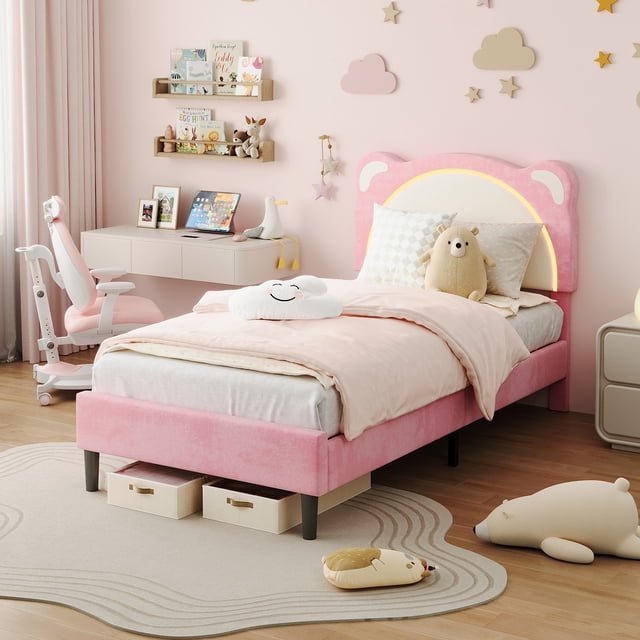 Yeshouse estructura de cama individual con luces LED y cabecero ajustable en forma de osito, tapizada en terciopelo, soporte de listones de madera, silenciosa y fácil de montar, ideal para niños