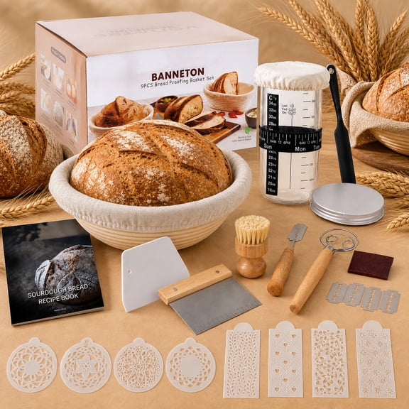 YEERSWAG® Sourdough Bread Baking Kit,9" Round Banneton Proofing Basket Complete Set,Bread Lame,Dough Scraper,Sourdough Starter Jar,Bread Scoring Stencils,Professional Artisan Bread Making Tools Gift