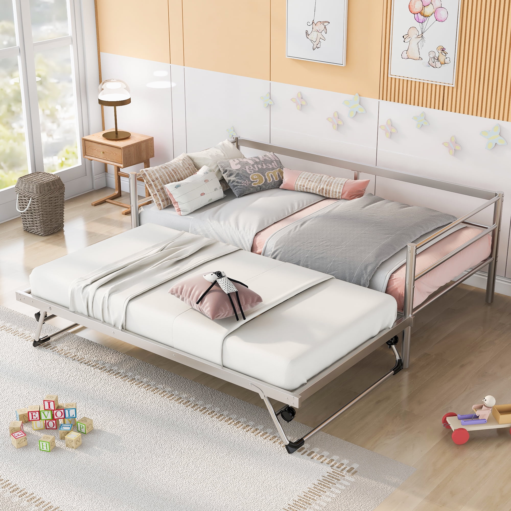 Twin Size Metal Daybed with Adjustable Trundle - Heavy-Duty Steel Daybed with Pop Up Trundle Bed - Silver