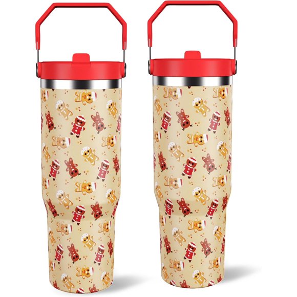 Baiheyi 30 oz Christmas Tumbler with Straw, 30oz Gingerbread Flip Straw Tumbler Insulated Coffee Travel Mugs Cup Water Bottle Christmas Gifts for Women Men Adult