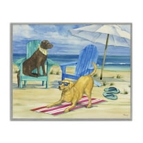 Stupell Industries Dogs on Beach Towel Animals & Insects Painting Gray Framed Art Print Wall Art, 30 x 24