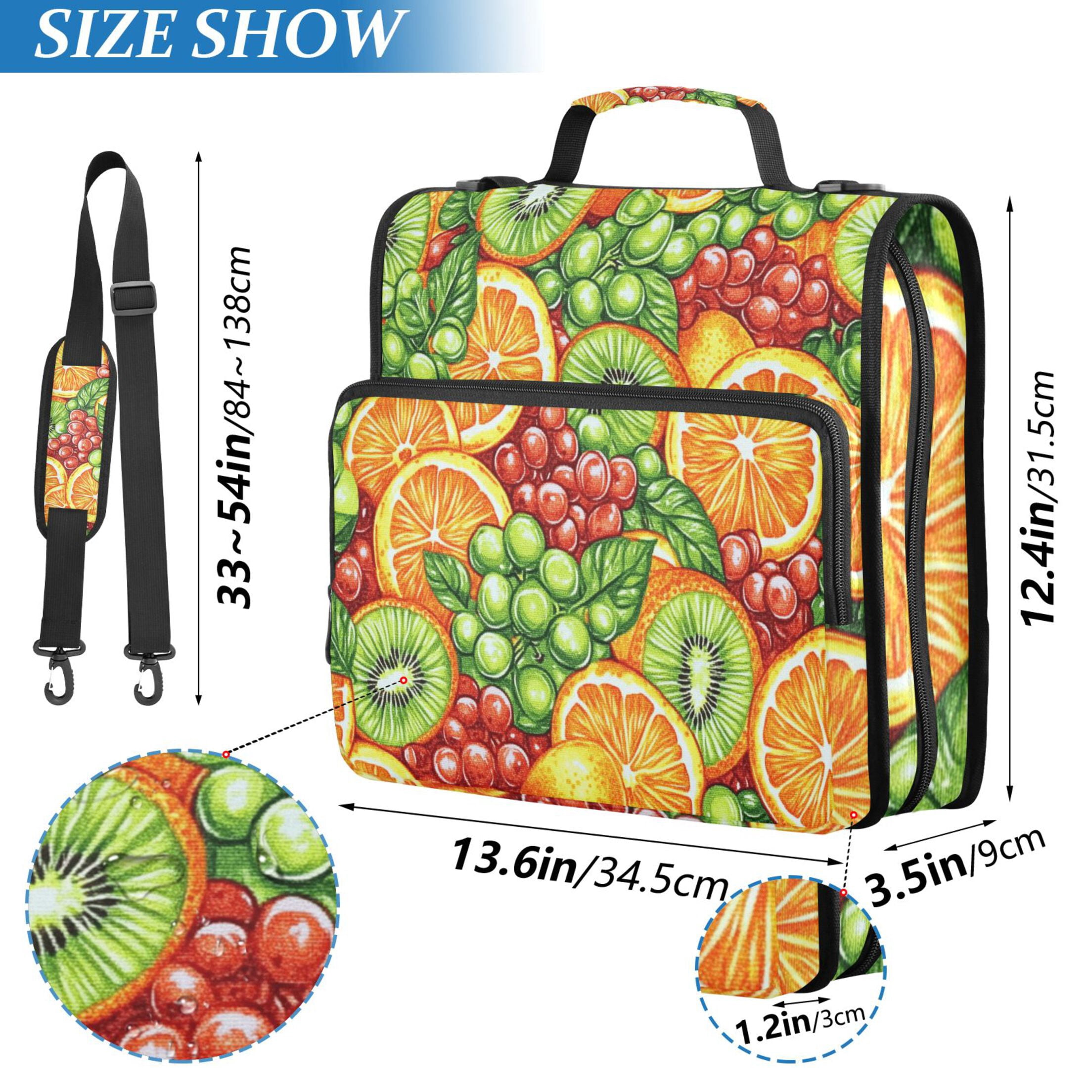 3 Ring Zipper Binder with Shoulder Strap Waterproof Trapper Keeper 2 Inch D-Ring 500 Sheets Capacity Oranges Kiwi Slices Grape