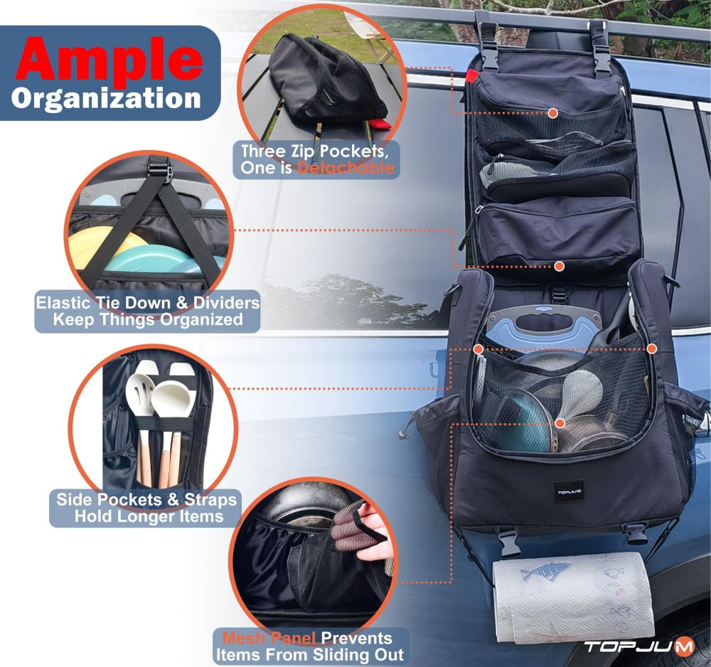Camp Cooking Tools Storage Caddy Bag Camp Kitchen Cookware Organizer Bag with Zippered Compartments Removable Pouch Hook System Paper Towel Holder Portable Outdoor Camping Gear Bag