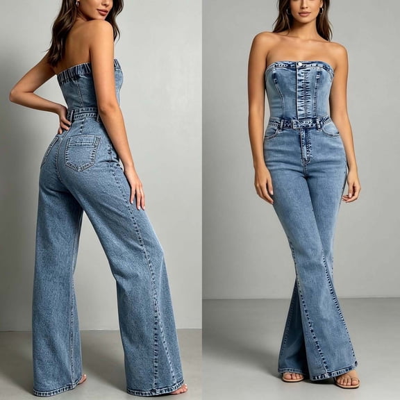 PBFRDSJ Denim Jumpsuit for Women Strapless Button Front High Waist Flared Long Pants for Daily Party Occasions Sizes XS-L