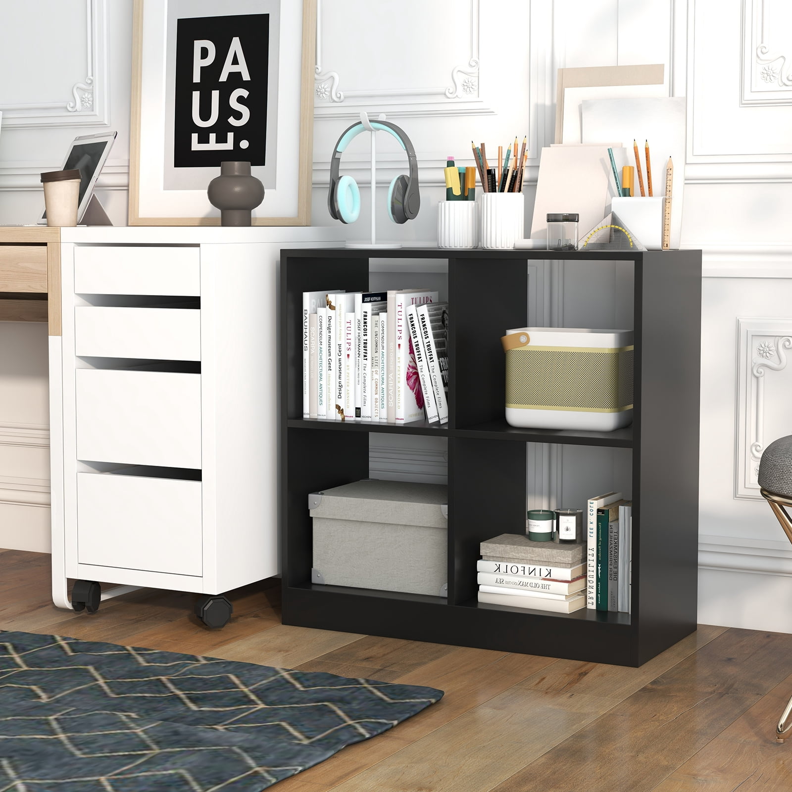 Topbuy 4-Cube Bookcase Floor Open Wooden Bookshelf with 2 Anti-Tipping Kits Modern Shelving Organizer Multipurpose Storage Cabinet Black