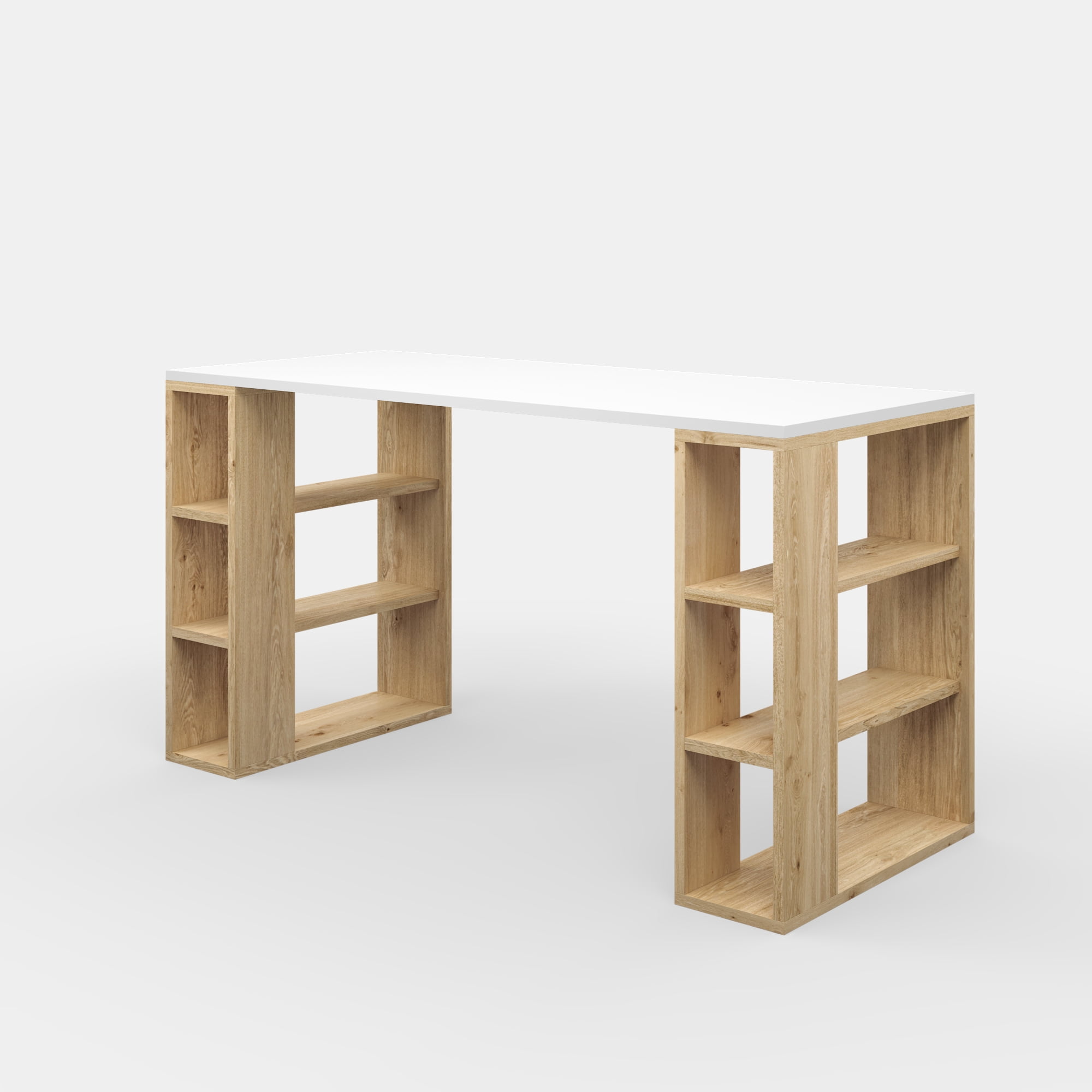 Ada Home Decor Minimalist Home Office Computer Desk Workstation with 3 Shelves Bookcase, White/Oak