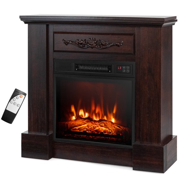 Costway 32" Electric Fireplace Mantel TV Stand Space Heater w/Remote Control 1400W Brown