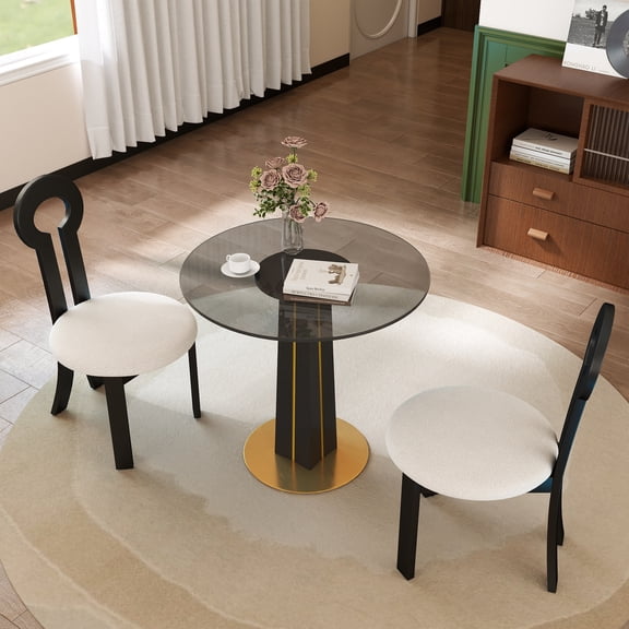 Pinovk Modern Round Negotiation Table - 85cm Tempered Glass Top, Black Wooden Legs with Golden Metal Base(Only the Negotiation Table)