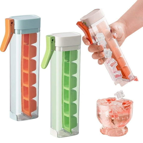 Trianu 2 Pcs Ice Cube Tray with Lid and Bin, Ice Trays for Freezer, Ice Cube Trays for Freezer, BPA Free (Green & Orange)