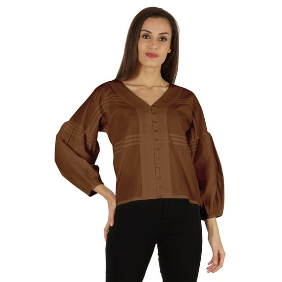 Bimba Balloon Sleeve Top Button-Down Shirt Summer Loose Fit Pleated Blouse For Women's