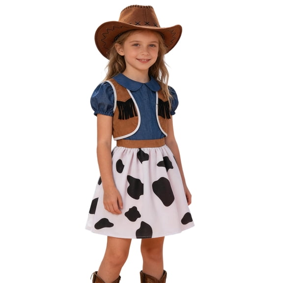 oqasdz Dresses for Girls with Cowboy Hat Western Dress Up Cowgirl Outfits for Toddler Kids Stage Performance Party Wedding Dress
