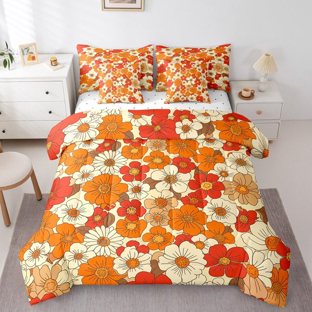 Erosebridal Cartoon Flower Bedding Queen Size,Orange Red Comforter Sets with Sheets,Spring Garden Bedding Sets Queen Size,Bedding Sets Queen Size,Reversible,7 Pieces
