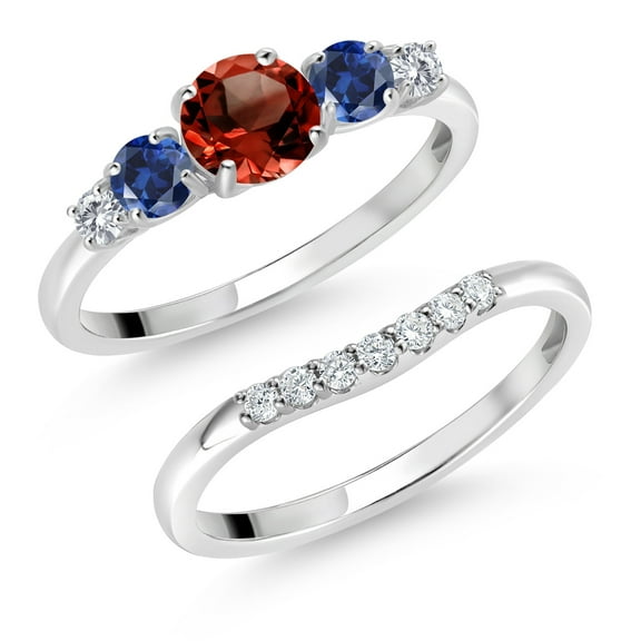 Gem Stone King 10K White Gold Red Garnet Blue Created Sapphire and White Lab Grown Diamond 5 Stone Bridal Engagement Wedding Ring Set for Women | 1.39 Cttw | Round: 5MM and 3MM| Size 7