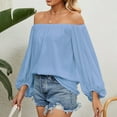 thumbnail image 2 of MIXUE Boho Tops For Women Summer Chiffon Solid Color Off Shoulder Long Sleeve Loose Fit Casual Tee Shirts Daily-Wear,Blue,L, 2 of 6