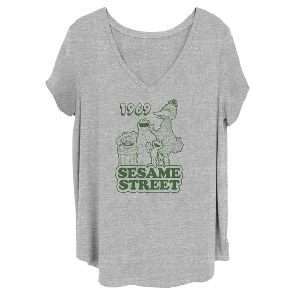 Women's Sesame Street Group Green Outline 1969 Graphic T-Shirt