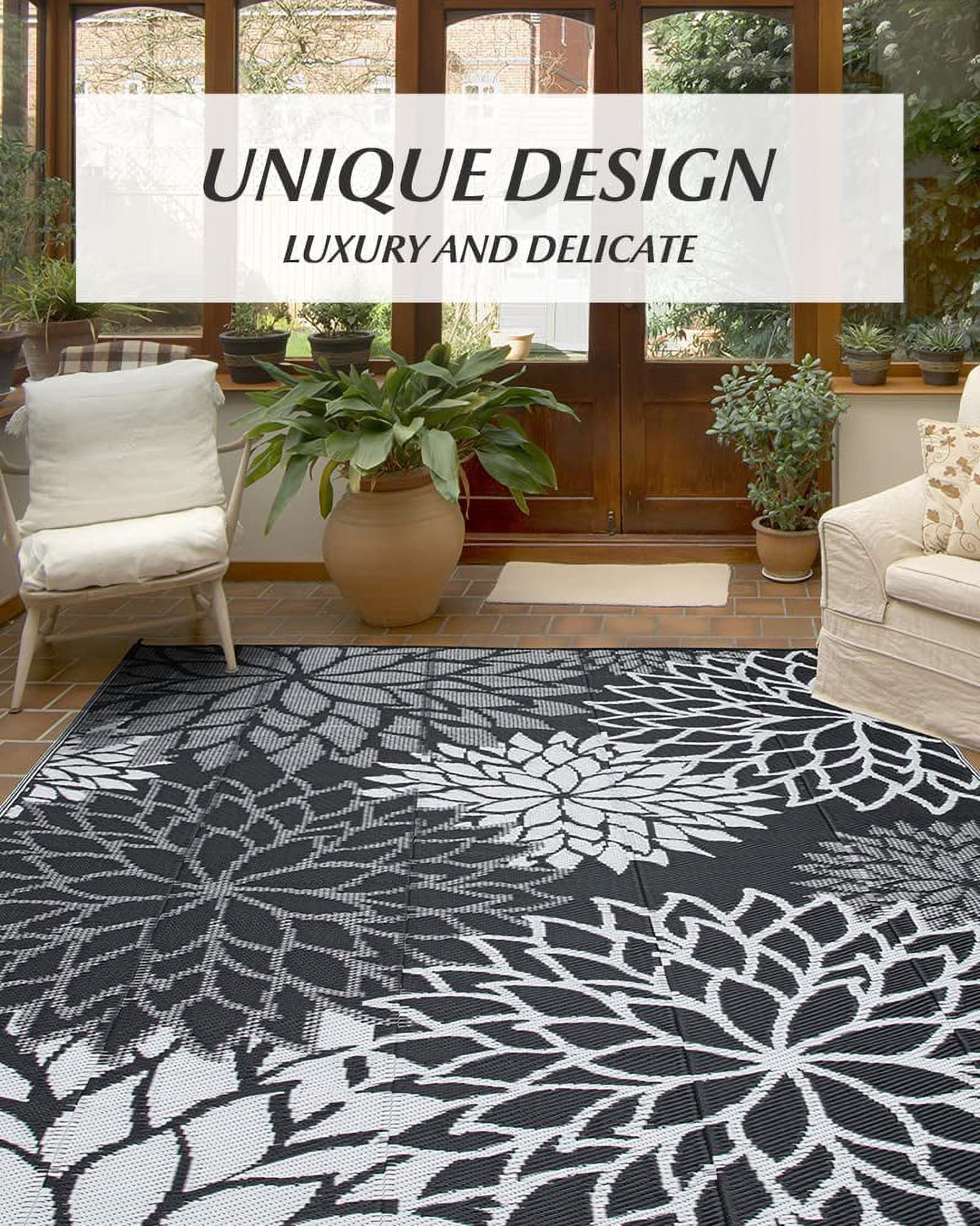 Floral Outdoor Rug for Patio 4'x6' Waterproof Plastic Straw Rug