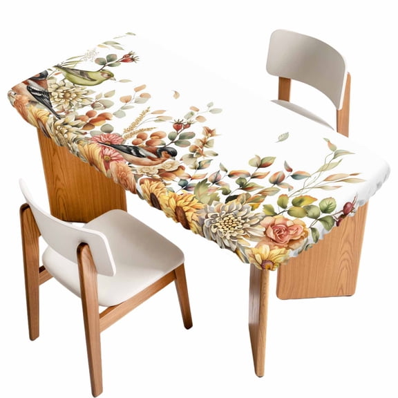 Thanksgiving Eucalyptus Table Cloths for 4 Foot Rectangle Tables, Autumn Flowers Fall Birds Plants Patio Waterproof Elastic Fitted Tablecloths, Washable Rectangular Table Cover for Camping