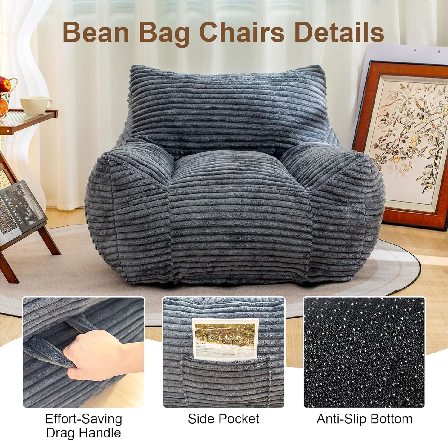 Ywen Bean Bag Chair for Adults & Kids, Giant Bean Bag Sofa with Side Pocket, Corduroy Beanbag Chair with Armrests, Comfy Stuffed Floor Sofa for Living Room Bedroom Dorm, Gray
